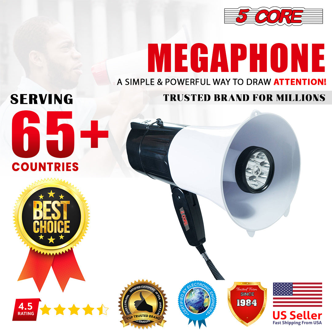 5Core Megaphone Handheld with LED lights Bullhorn Cheer Loudspeaker Bull Horn Speaker Megaphono Siren Torch Flashlight Sling Strap Portable 148 LED