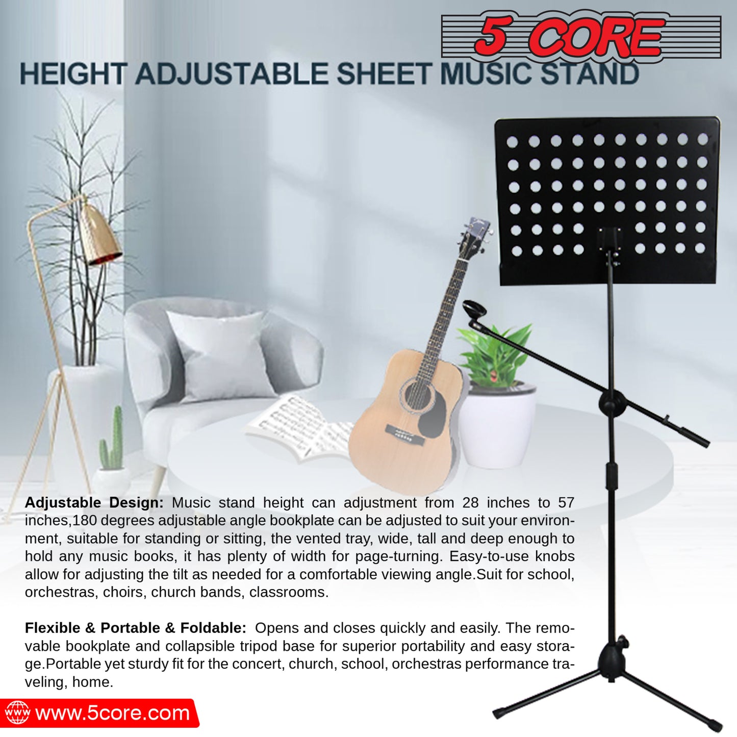 5 Core Sheet Music Stand With Mic Stand Holder - 3 IN 1 Professional Portable Music Stand with Folding Tray; Detachable Microphone Stand Dual-Use for Sheet Music & Projector Stand MUS MH