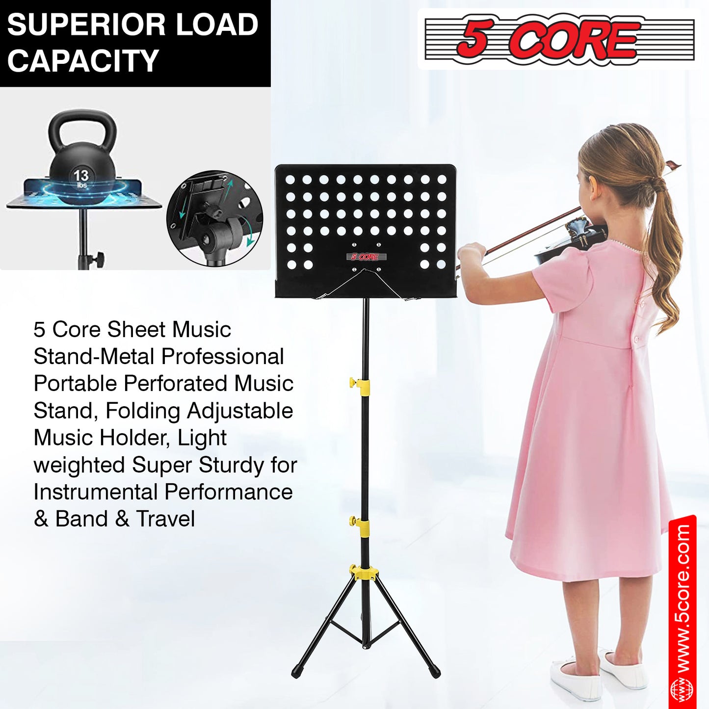 5 Core Sheet Music Stand Professional Folding Adjustable Portable Orchestra Music Sheet Stands; Heavy Duty Super Sturdy MUS YLW