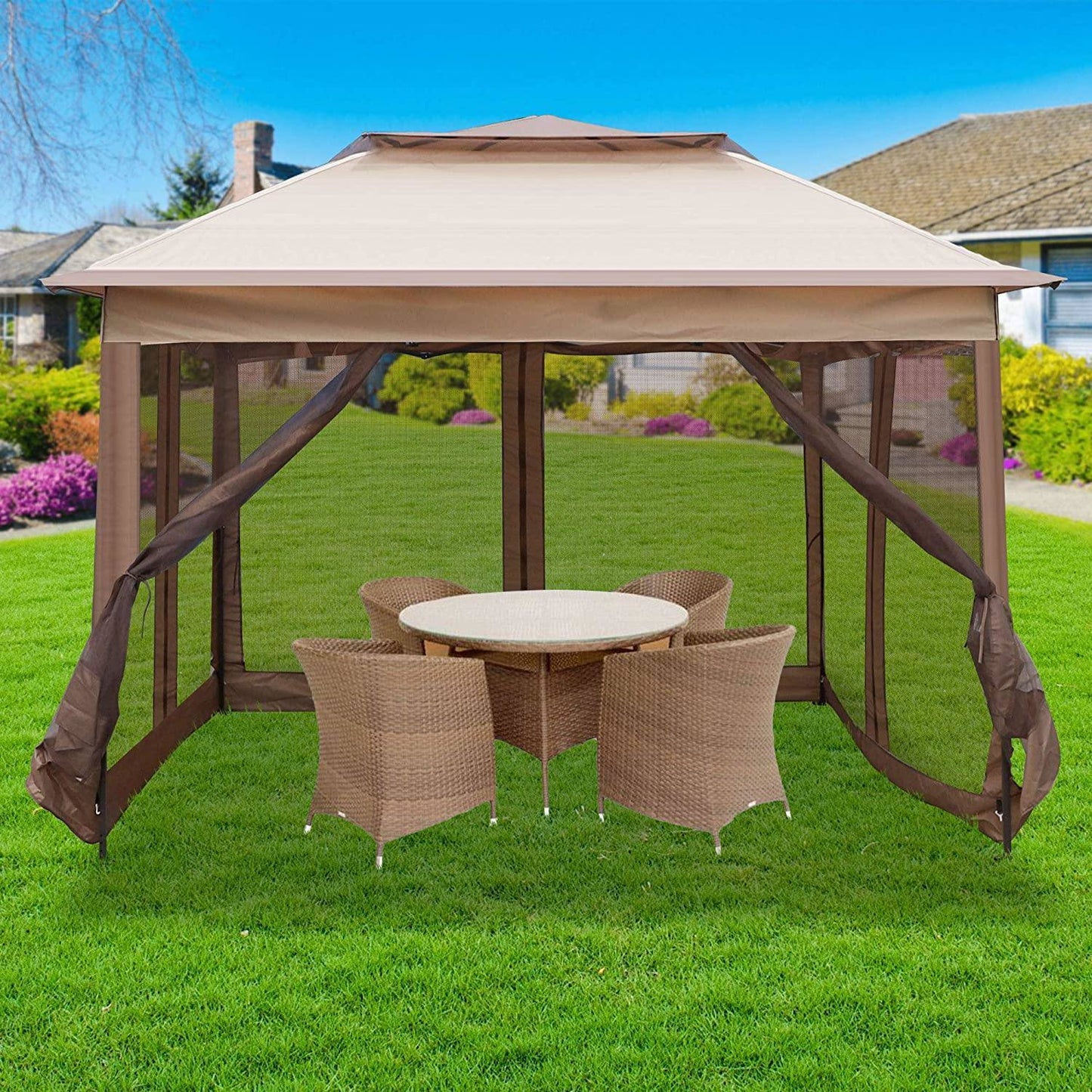 Bosonshop 10' x 10' Pop Up Canopy Gazebos Tent with Mesh Sidewall Height Adjustable Outdoor Party Tent