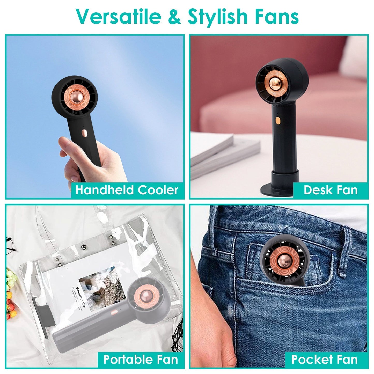 Portable Handheld Fan Rechargeable Pocket Personal Fan Quiet Desk Phone Holder Fan with 3 Speeds Removable Base