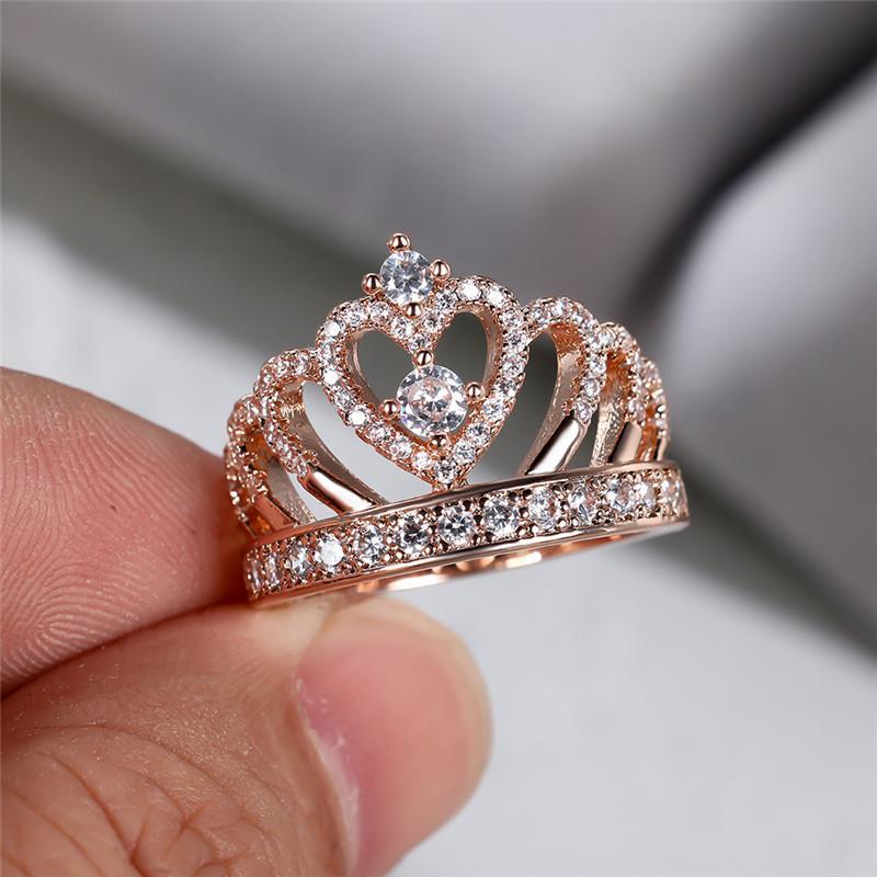 Love Heart Crown Shape Promise Ring 18K Gold Plated Copper Finger Ring For Wedding / Engagement / Valentine's Day Jewelry Gift