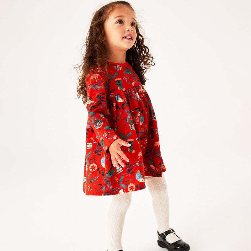 Baby Girl Floral Graphic Long Sleeve A-Line Design Loose Christmas Dress