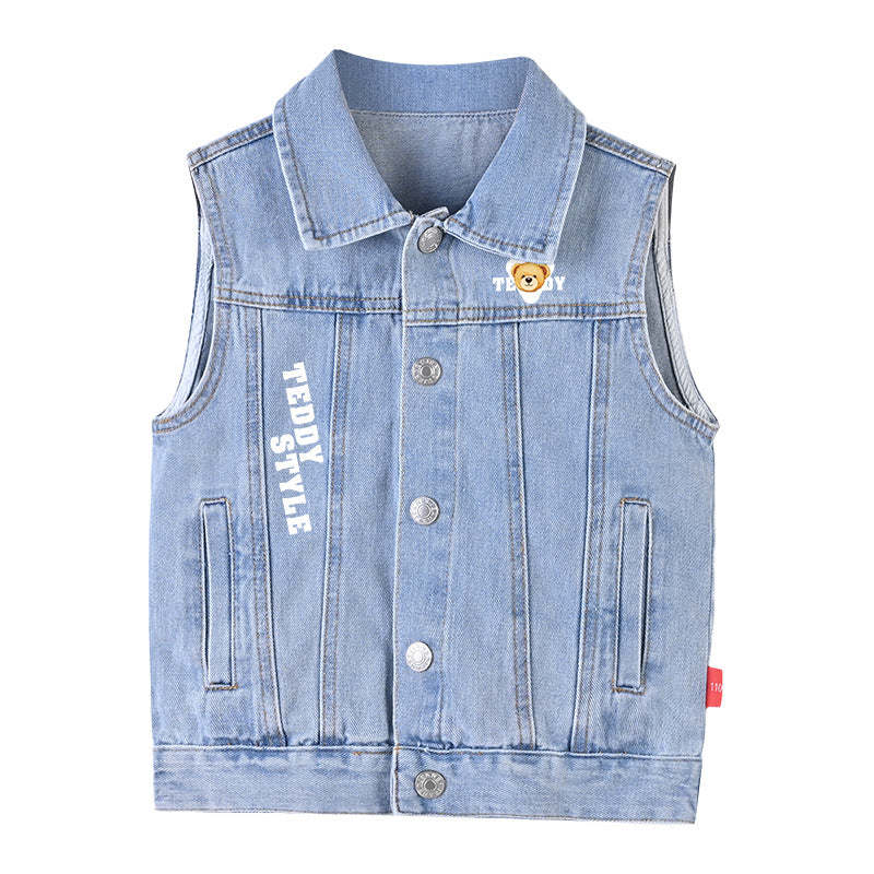 Baby Cartoon And Slogan Print Pattern Sleeveless Denim Jacket