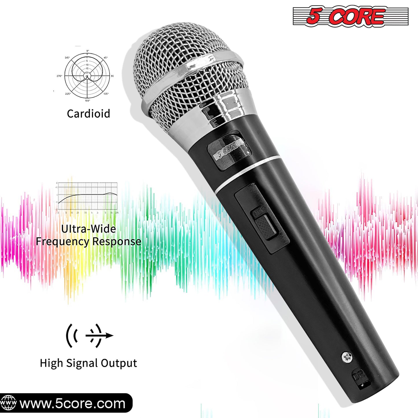 5 CORE Premium Vocal Dynamic Cardioid Handheld Microphone Unidirectional Mic with 16ft Detachable XLR Cable to ? inch Audio Jack and On/Off Switch for Karaoke Singing PM 100