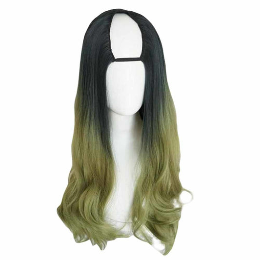 Green Black 65 cm U Shape 2 Tone Long Curly Hair Wig Synthetic Full Wig Cosplay Halloween Dress Up