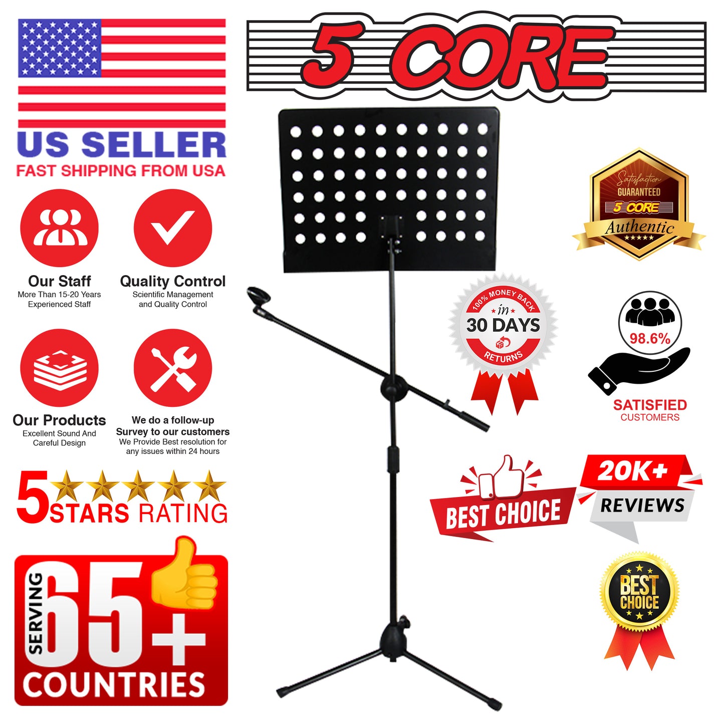 5 Core Sheet Music Stand With Mic Stand Holder - 3 IN 1 Professional Portable Music Stand with Folding Tray; Detachable Microphone Stand Dual-Use for Sheet Music & Projector Stand MUS MH