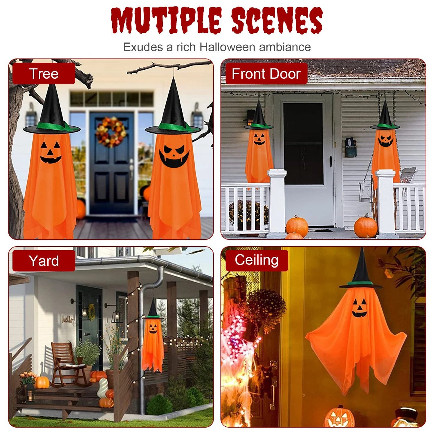 2 Pack Hanging Ghosts with Wizard Hat Snicker Scary Face Halloween Party Hanging Decorations Pumpkin Wizard Hat for Eave Tree Porch
