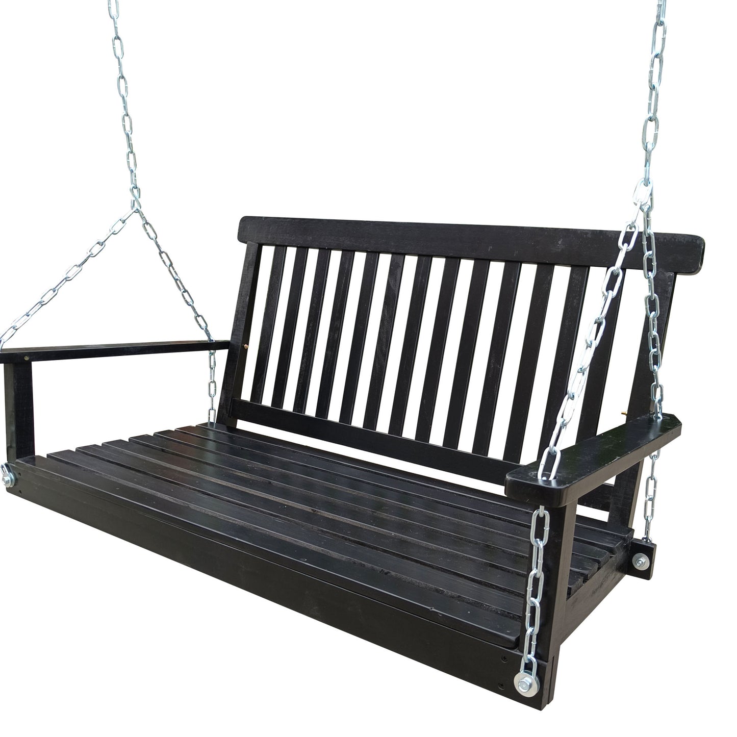 Front Porch Swing with Armrests;  Wood Bench Swing with Hanging Chains; for Outdoor Patio ; Garden Yard;  porch;  backyard;  or sunroom; Easy to Assemble; black