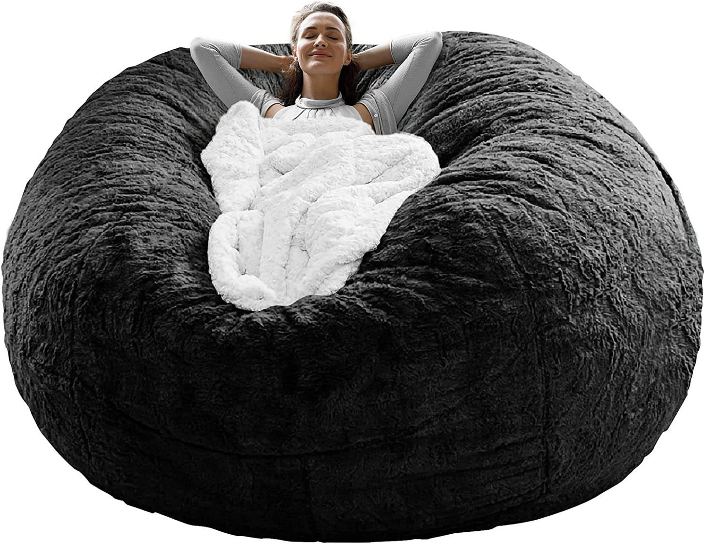 Bag Chair Cover(it was only a Cover;  not a Full Bean Bag) Chair Cushion;  Big Round Soft Fluffy PV Velvet Sofa Bed Cover;  Living Room Furniture;  Lazy Sofa Bed Cover; 6ft Black