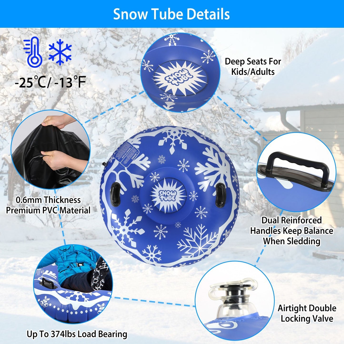 47in Inflatable Snow Tube Heavy Duty 0.6mm Thickness Winter Sled