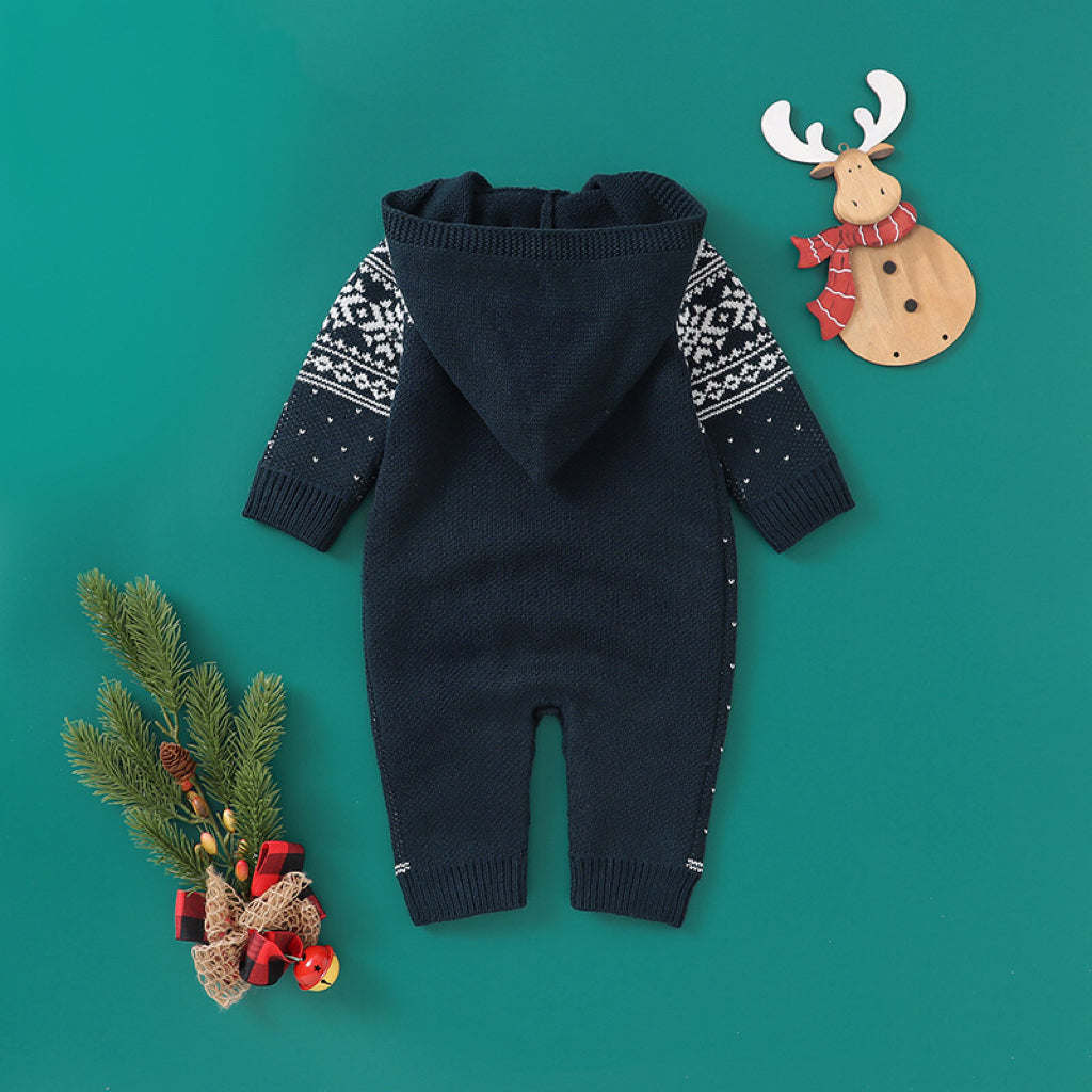 Baby Boy And Girl Christmas Print Pattern Knit Hooded Jumpsuits