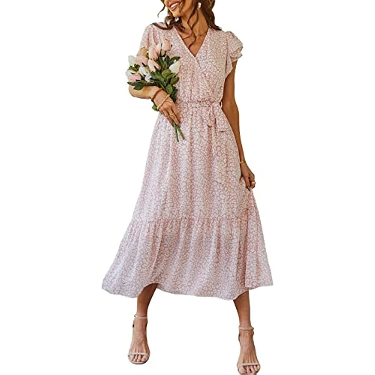 Women's 2023 Floral Summer Dress Wrap V Neck Short Sleeve Belted Ruffle Hem A-Line Bohemian Maxi Dresses