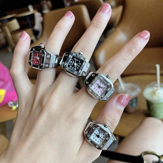 Mini Finger Ring Watch Square Quartz Easy Reader Watch Alloy Case Watch 4 Colors Valentine's Day Gift For Her