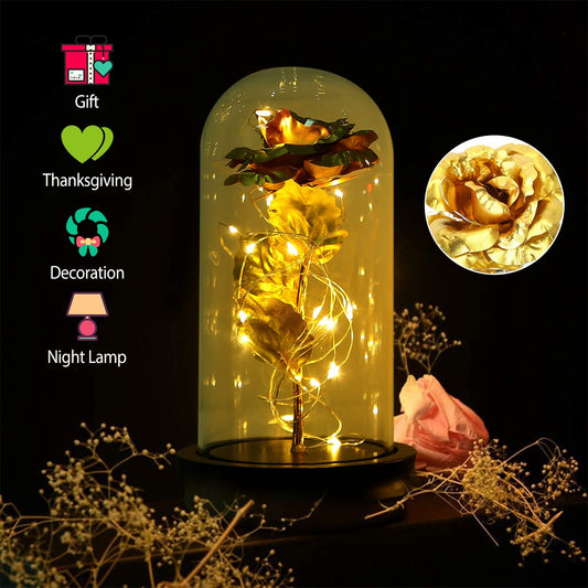 Foil Rose LED String Light Rose Fairy Lamp w/ Glass Dome For Valentines' Day