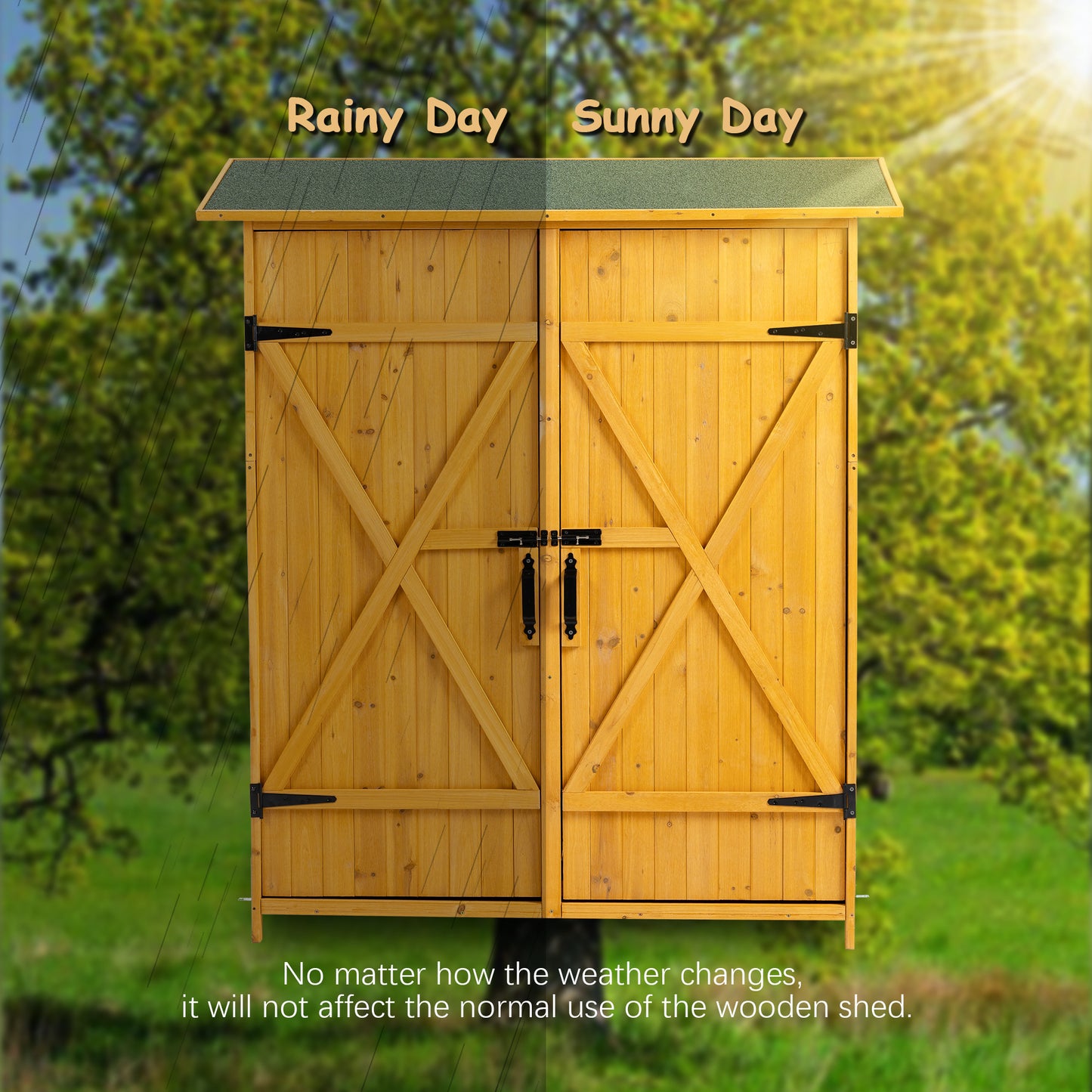 Outdoor Storage Shed with Lockable Door, Wooden Tool Storage Shed with Detachable Shelves and Pitch Roof, Natural/Gray