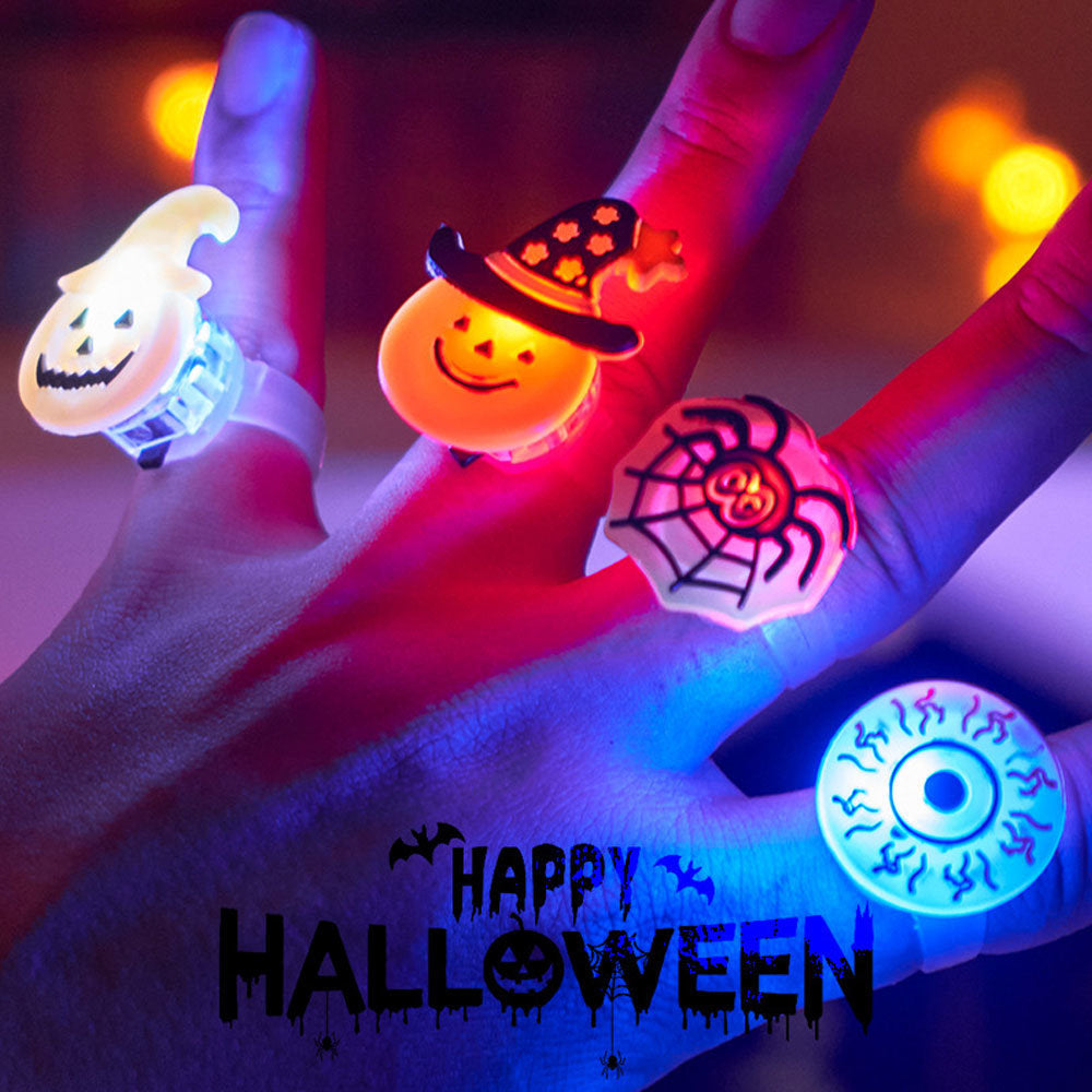 10pcs LED Light Halloween Ring Creative Glowing Pumpkin Ghost Skull Rings For Kids Gifts Cute Luminous Finger Ring Party Supply
