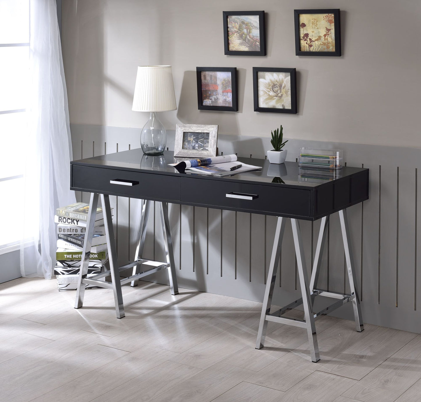 Coleen Desk; Black High Gloss & Chrome