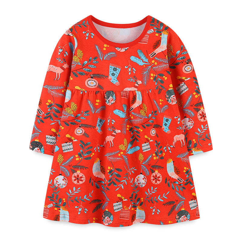 Baby Girl Floral Graphic Long Sleeve A-Line Design Loose Christmas Dress