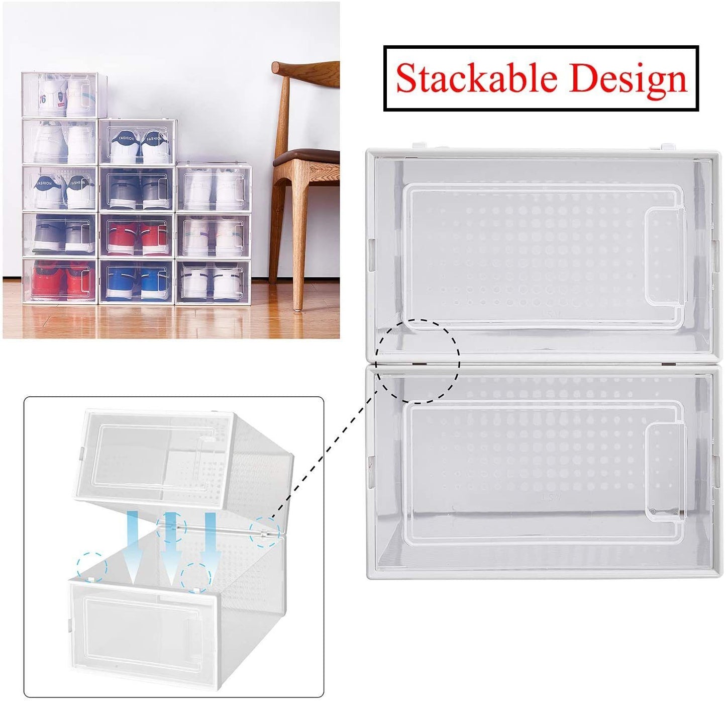 Foldable Shoe Box;  Stackable Clear Shoe Storage Box - Storage Bins Shoe Container Organizer;  8 Pack; White