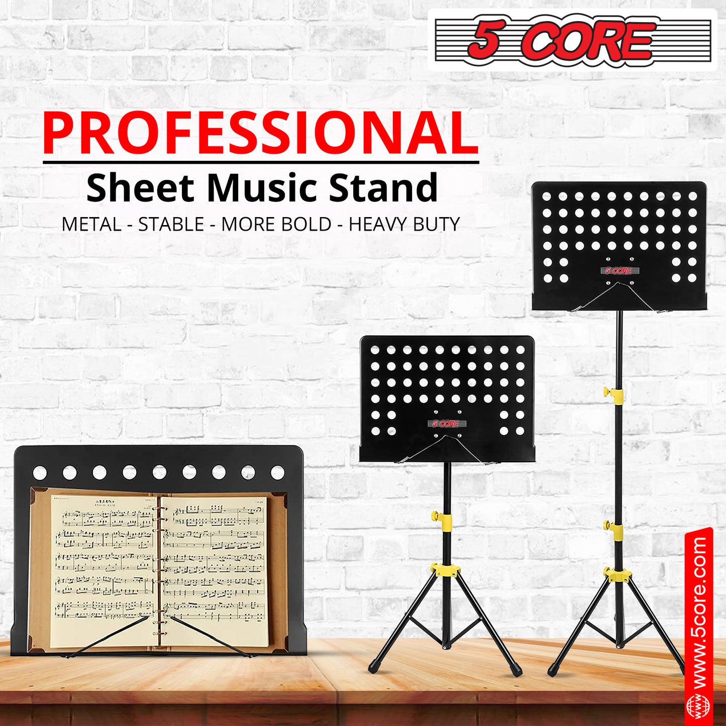 5 Core Sheet Music Stand Professional Folding Adjustable Portable Orchestra Music Sheet Stands; Heavy Duty Super Sturdy MUS YLW