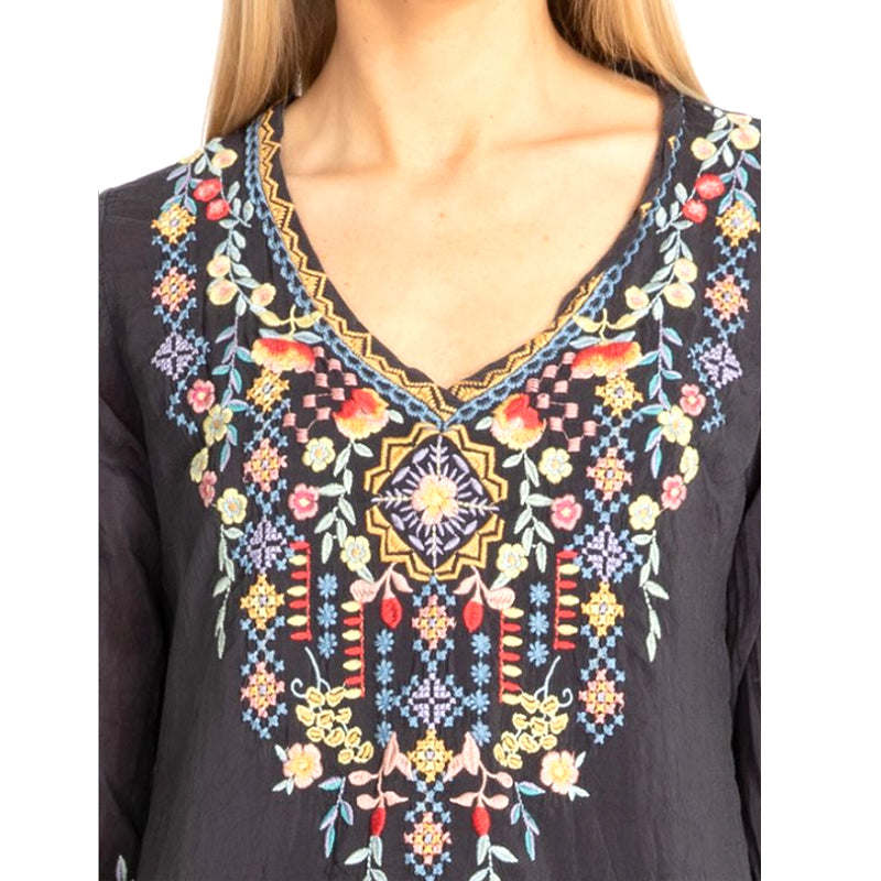 Private Garden Embroidered Tunic Tops In Vivid Colors