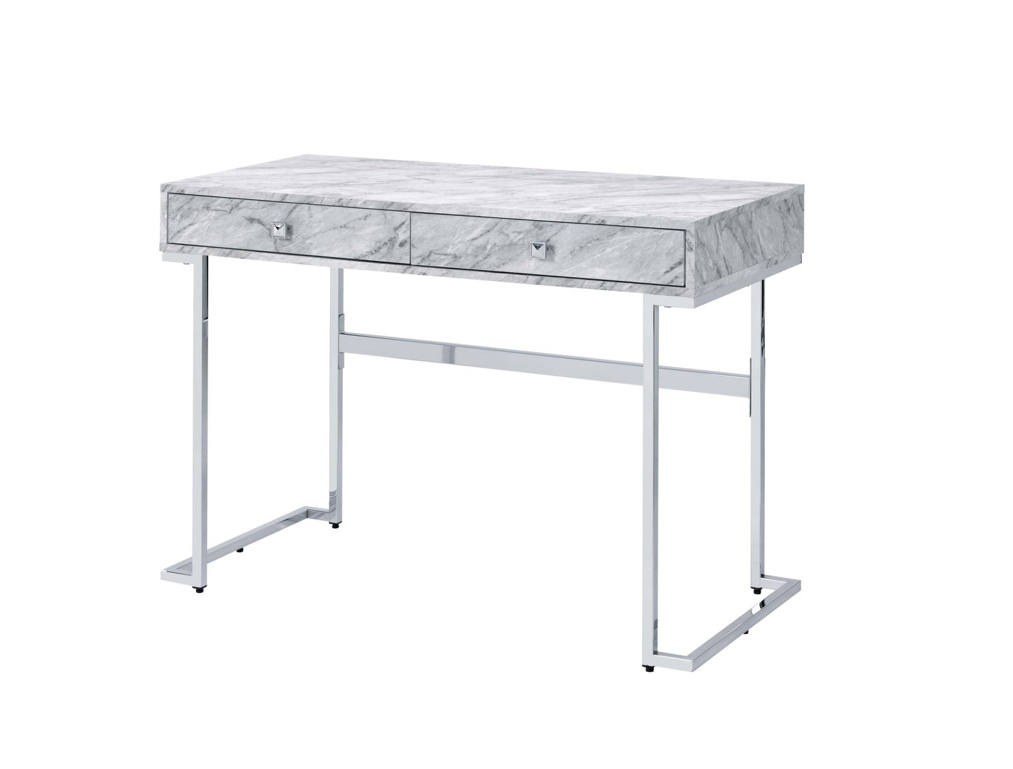 Tigress Writing Desk; White Printed Faux Marble & Chrome Finish YJ