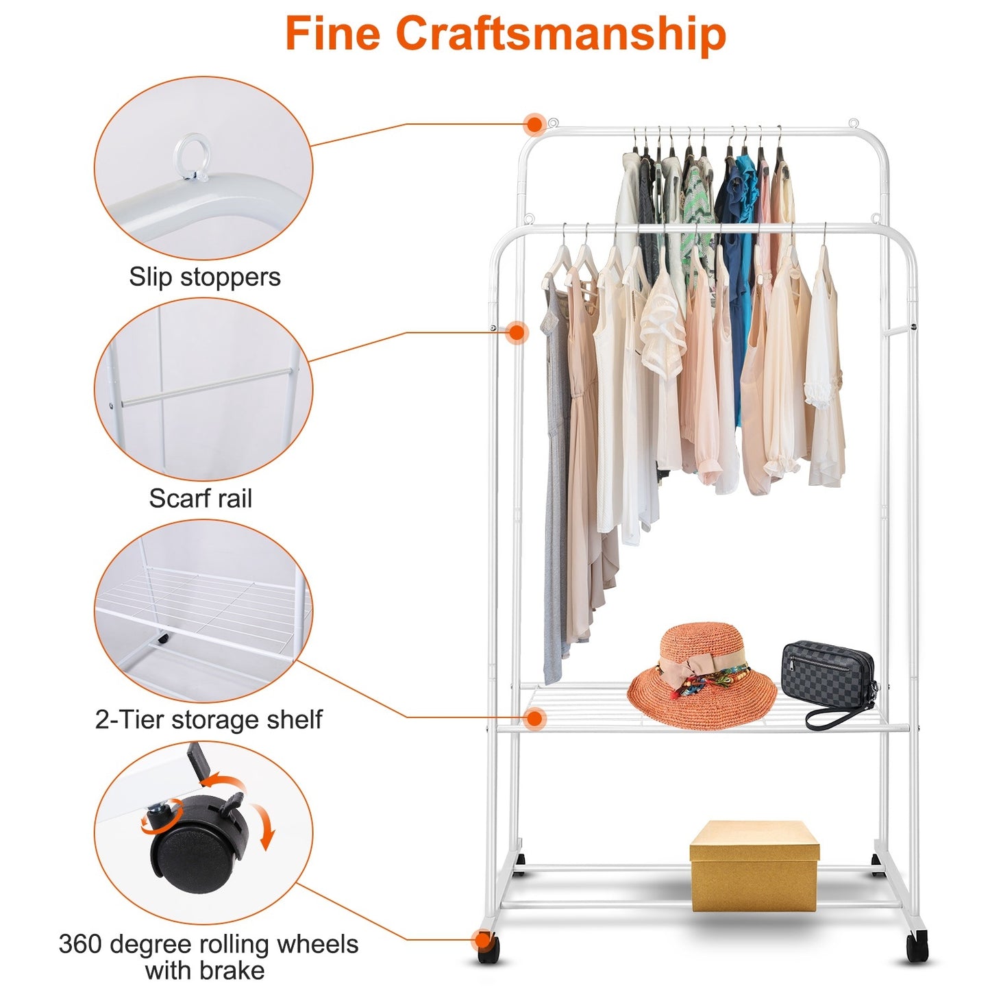 Garment Hanging Rack Clothing Hanging Rail Pillow Shoe Display Organizer Stand Rolling Wheel Clothes Organizer