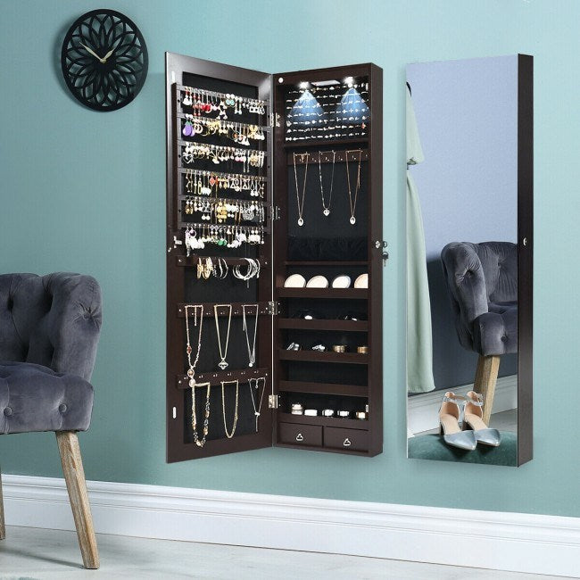 Wall and Door Mounted Mirrored Jewelry Cabinet with Lights