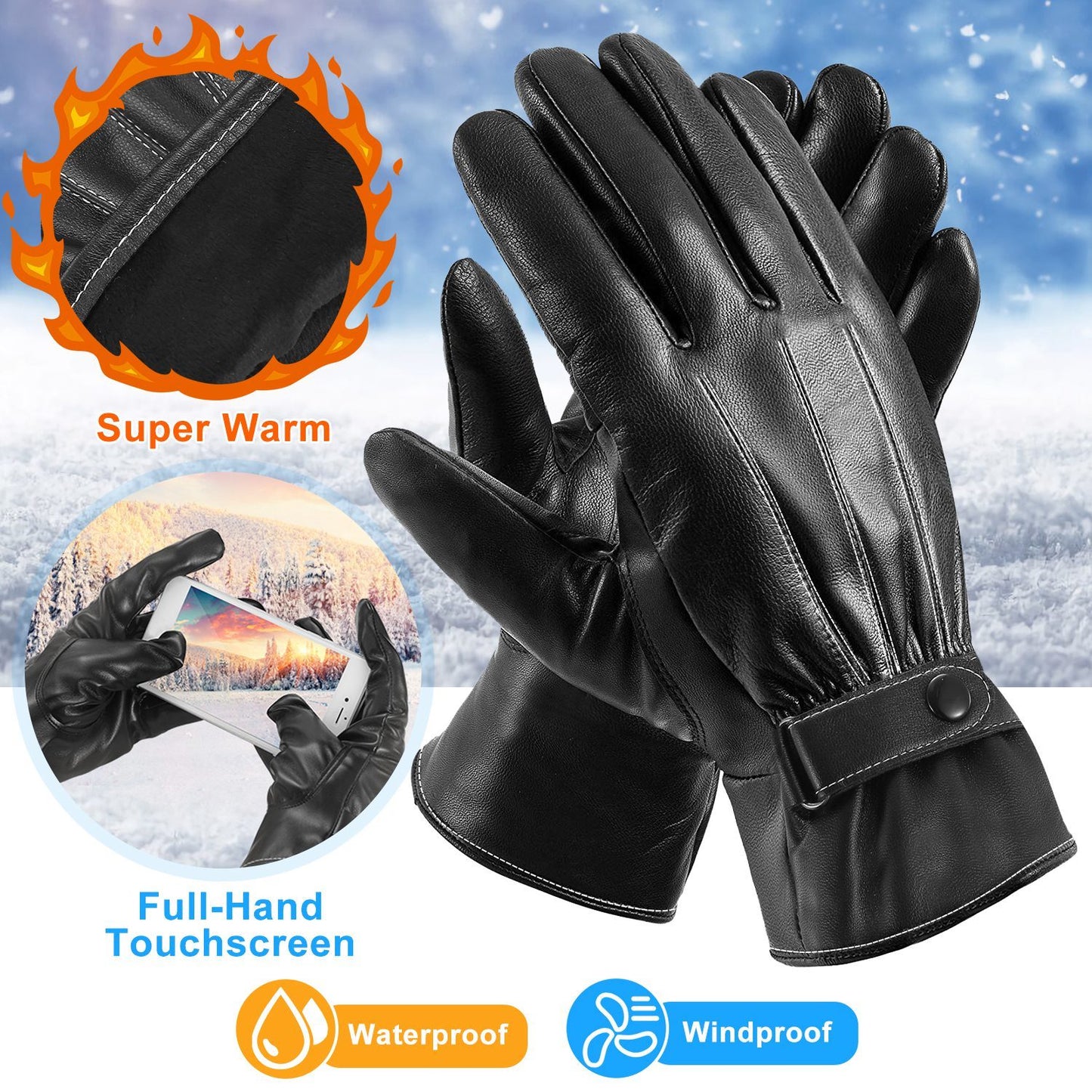 Men's Leather Winter Gloves Touchscreen Outdoor Windproof Cycling Skiing Warm Gloves