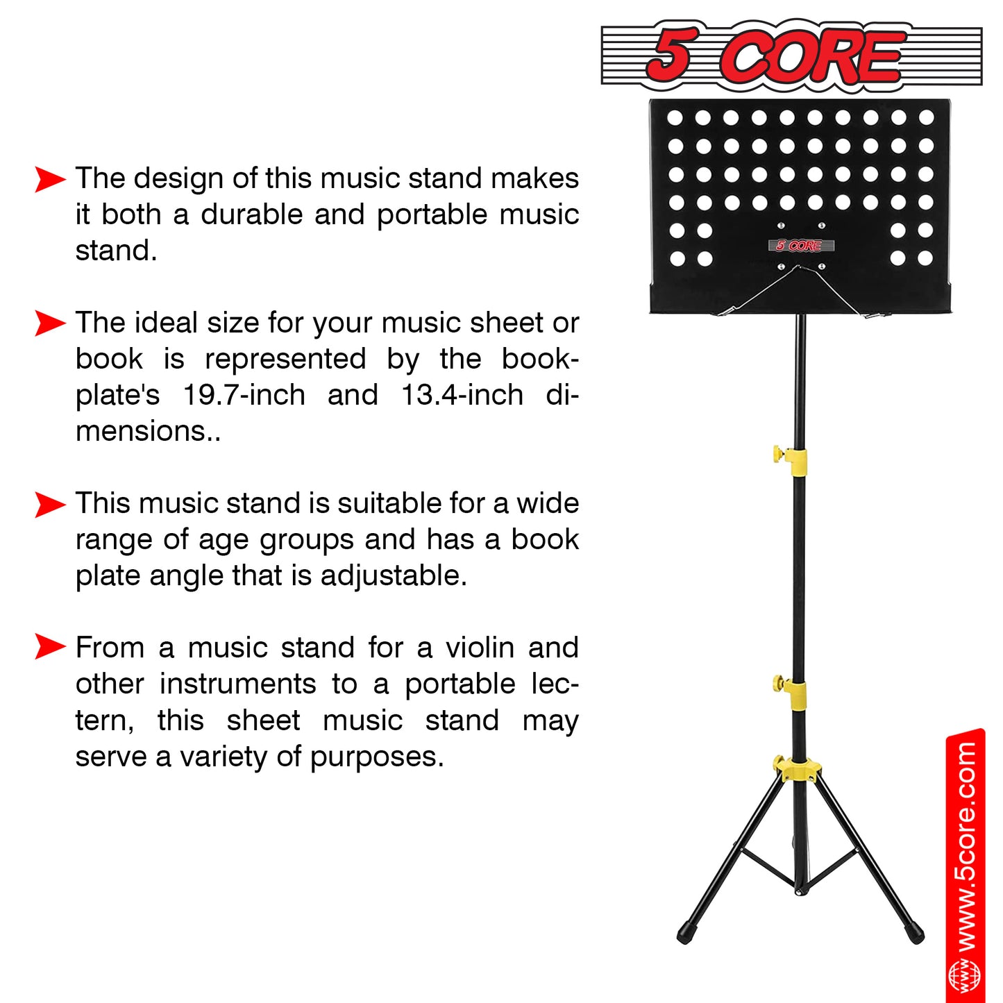 5 Core Sheet Music Stand Professional Folding Adjustable Portable Orchestra Music Sheet Stands; Heavy Duty Super Sturdy MUS YLW