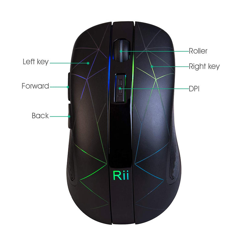 Rii RM200 Wireless Mouse,2.4G Wireless Mouse 5 Buttons Rechargeable Mobile Optical Mouse with USB Nano Receiver,3 Adjustable DPI Levels,Colorful LED Lights for Notebook,PC,Computer-Black