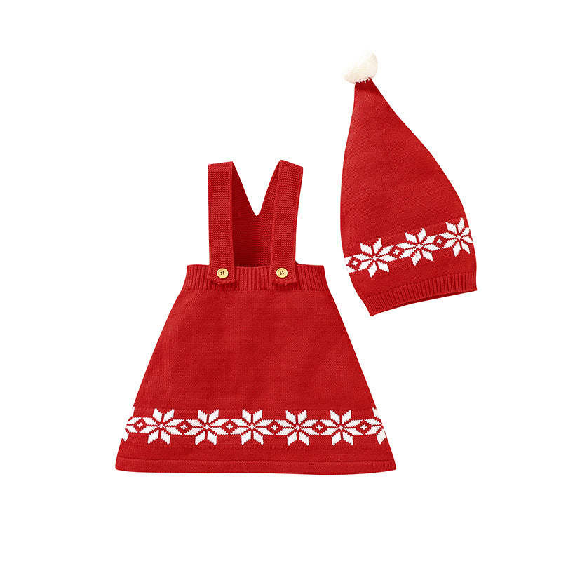 Baby Geometric Print Pattern Strap Design Dress & Christmas Hat Sets