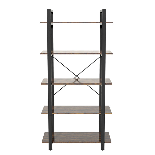 5 Tier Rustic Brown Shelf Wood and Metal Bookcase Vintage Industrial Bookshelf