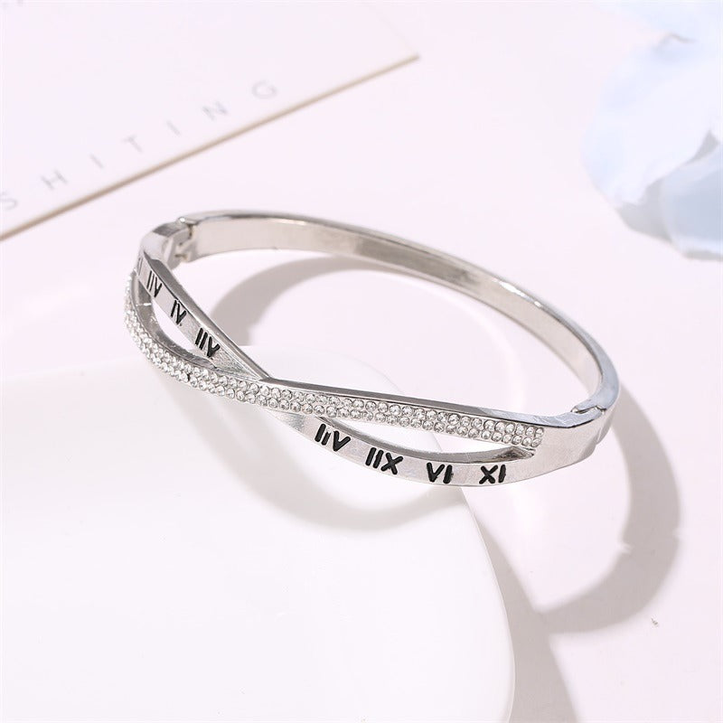 Roman Numerals Bracelet with Rhinestones Stainless Steel Bracelet Bangles for Women