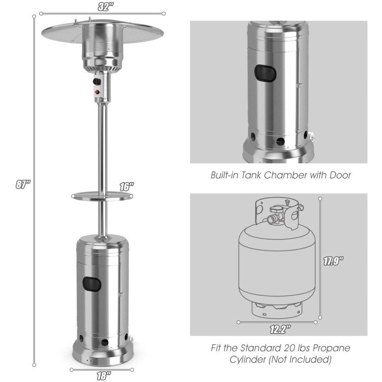 Outdoor Heater Propane Standing LP Gas Steel with Table and Wheels