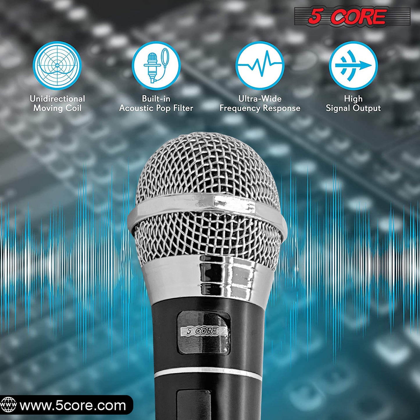 5 CORE Premium Vocal Dynamic Cardioid Handheld Microphone Unidirectional Mic with 16ft Detachable XLR Cable to ? inch Audio Jack and On/Off Switch for Karaoke Singing PM 100