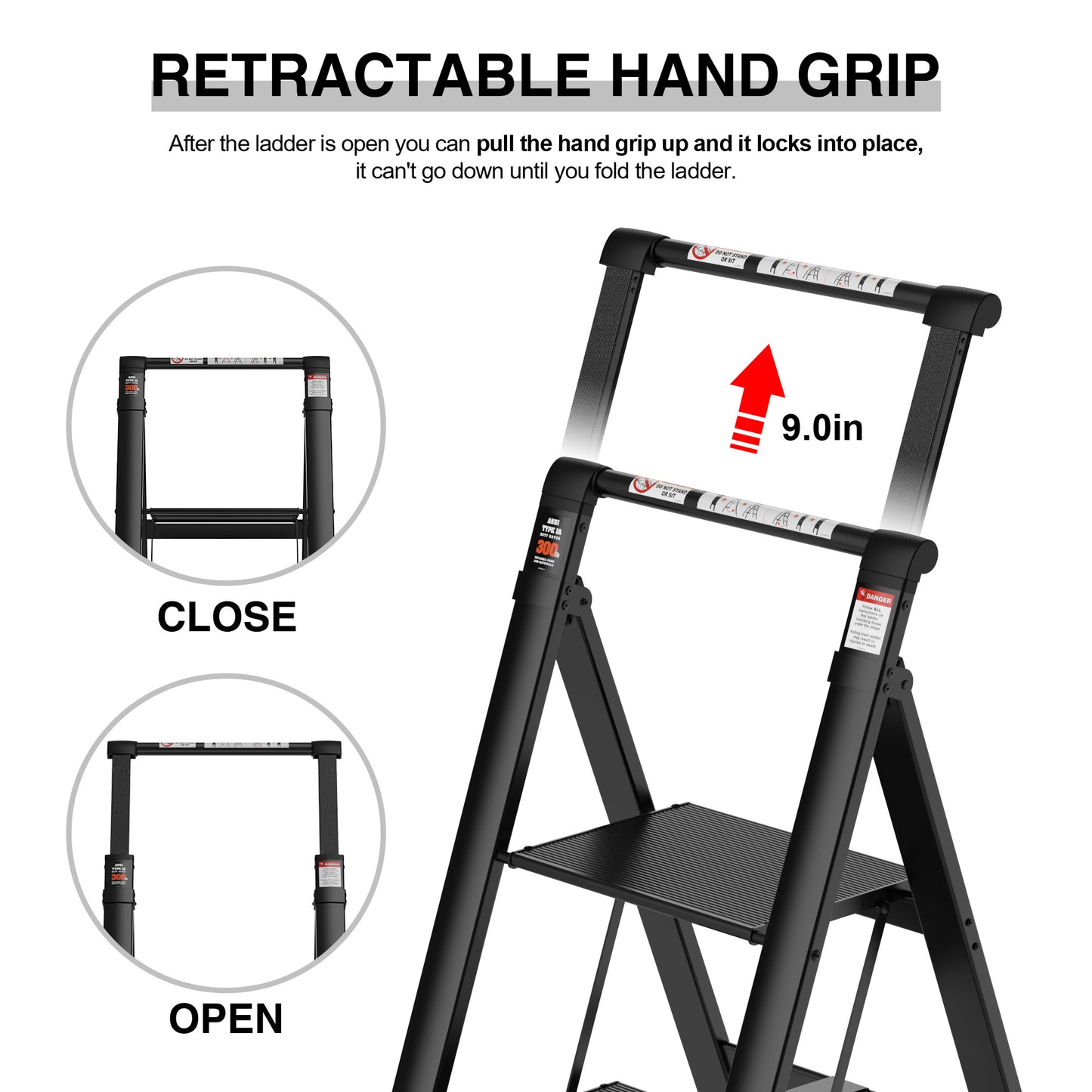 3 Step Ladder;  Retractable Handgrip Folding Step Stool with Anti-Slip Wide Pedal;  Aluminum Stool Ladders 3 Steps;  300lbs Safety Household Ladder