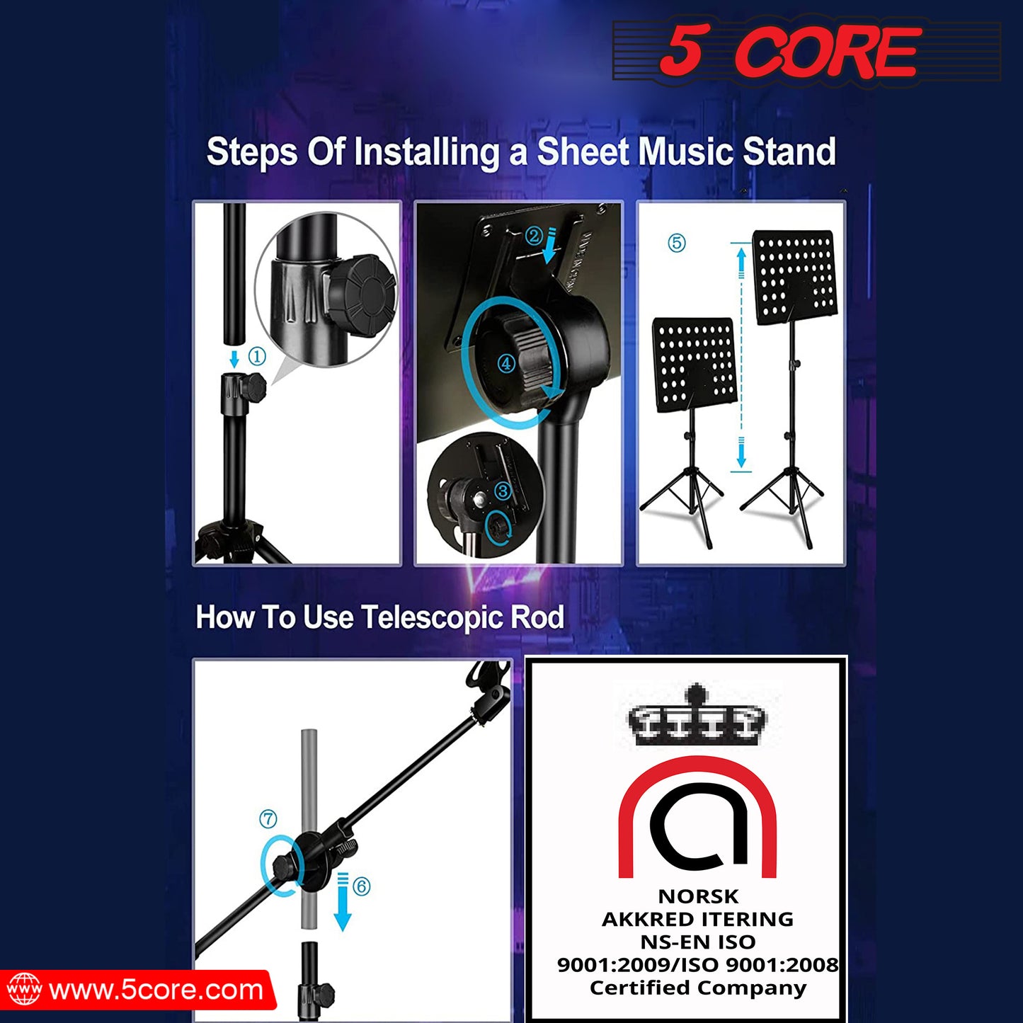 5 Core Sheet Music Stand With Mic Stand Holder - 3 IN 1 Professional Portable Music Stand with Folding Tray; Detachable Microphone Stand Dual-Use for Sheet Music & Projector Stand MUS MH