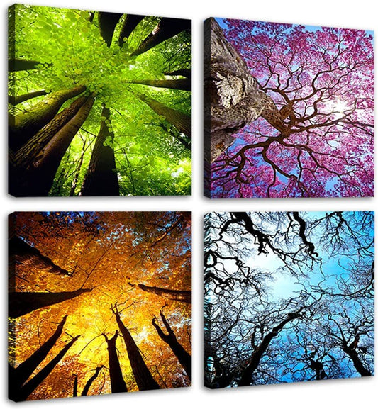 4 Panels Canvas Wall Art Spring Summer Autumn Winter Four Seasons Landscape Color Tree Painting Picture Prints Modern Giclee Artwork Stretched and Framed for Living Room Home Decoration