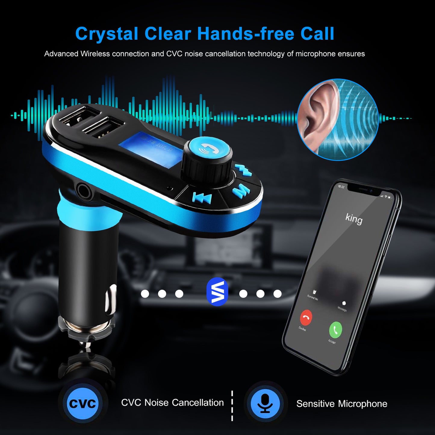 Car Wireless FM Transmitter Dual USB Charger Hands-free Call MP3 Player Aux-in LED Display Remote Controller