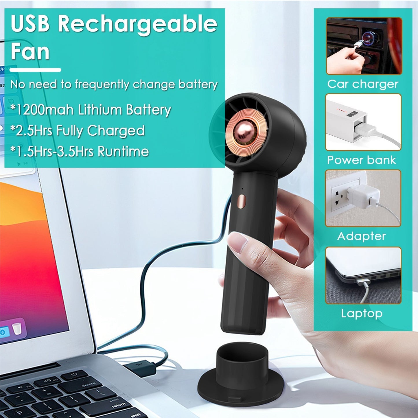 Portable Handheld Fan Rechargeable Pocket Personal Fan Quiet Desk Phone Holder Fan with 3 Speeds Removable Base