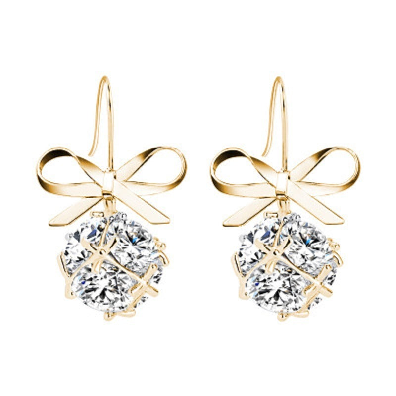 Womens Bow with Zircon Square Flash Diamond Ball Hook Earrings Fashion Earrings