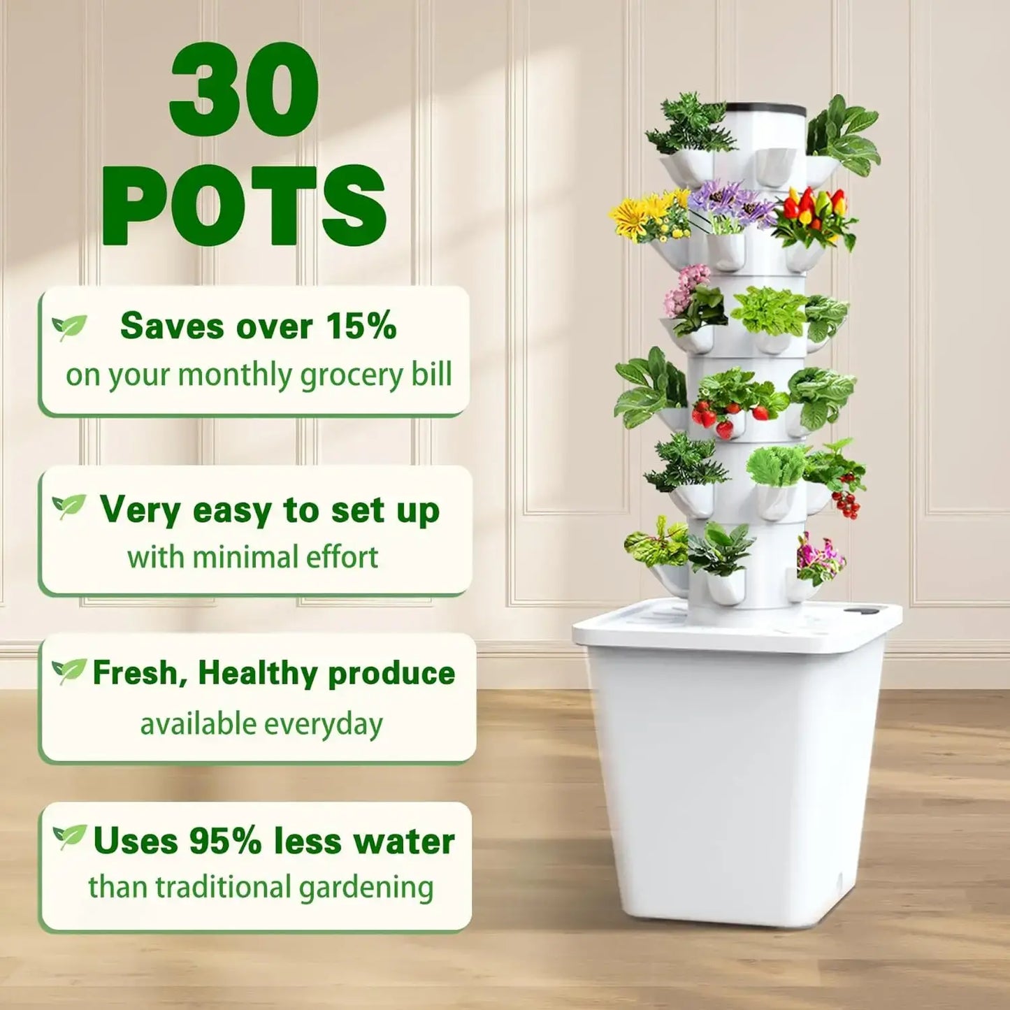 Hydroponic Growing System Mini Indoor Outdoor Home Grow Herb Vertical Garden Tower 6 Tiers 30 Holes Vegetables Planter