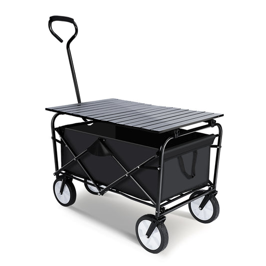 Heavy Duty Portable Folding Wagon and Collapsible Aluminum Alloy Table Combo Utility Outdoor Camping Cart with Universal Anti-slip Wheels & Adjustable Handle along with Metal Board Desktop, Black