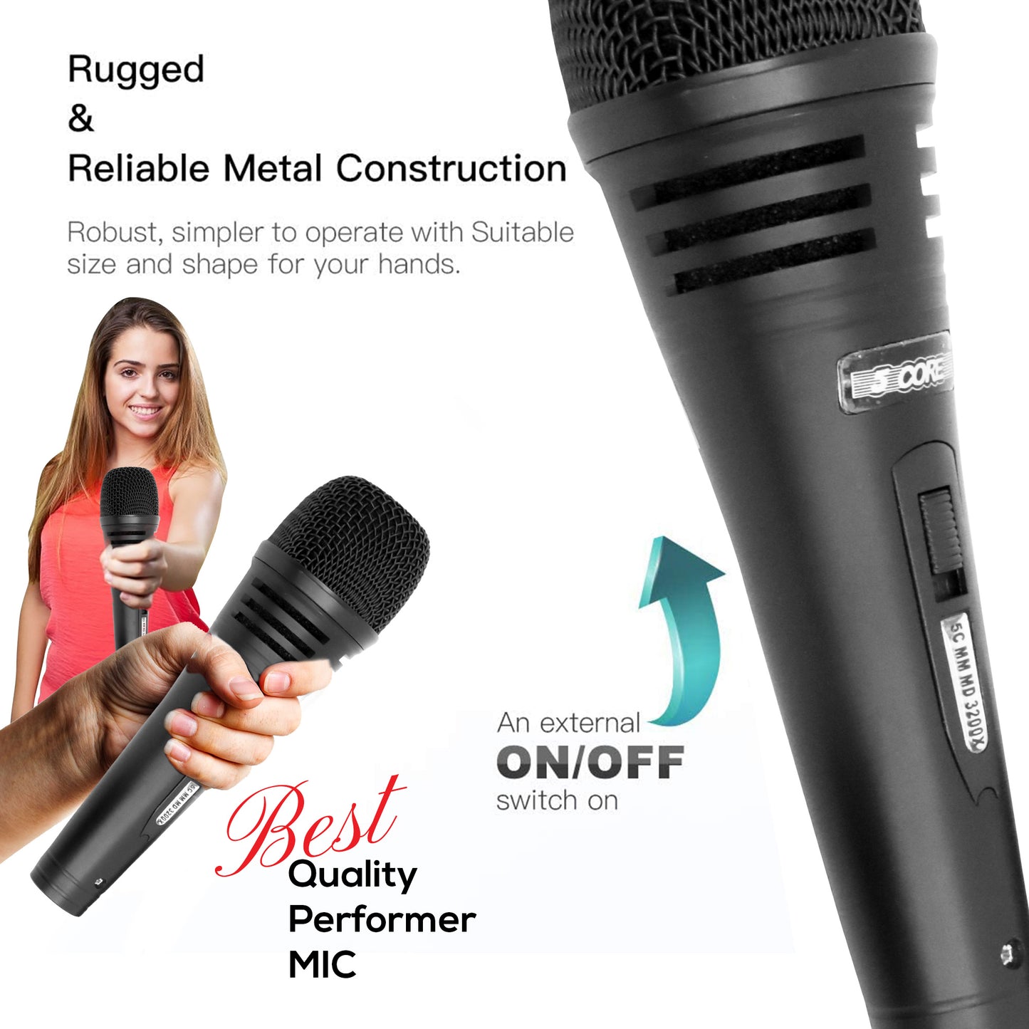 5 CORE Professional Dynamic Vocal Microphone Neodymium Cardioid Unidirectional Handheld Mic for Speakers, Karaoke W/Steel Mesh Grille, Metal Body ON/Off Switch w/16ft Detachable Cable+ Clip+ Bag