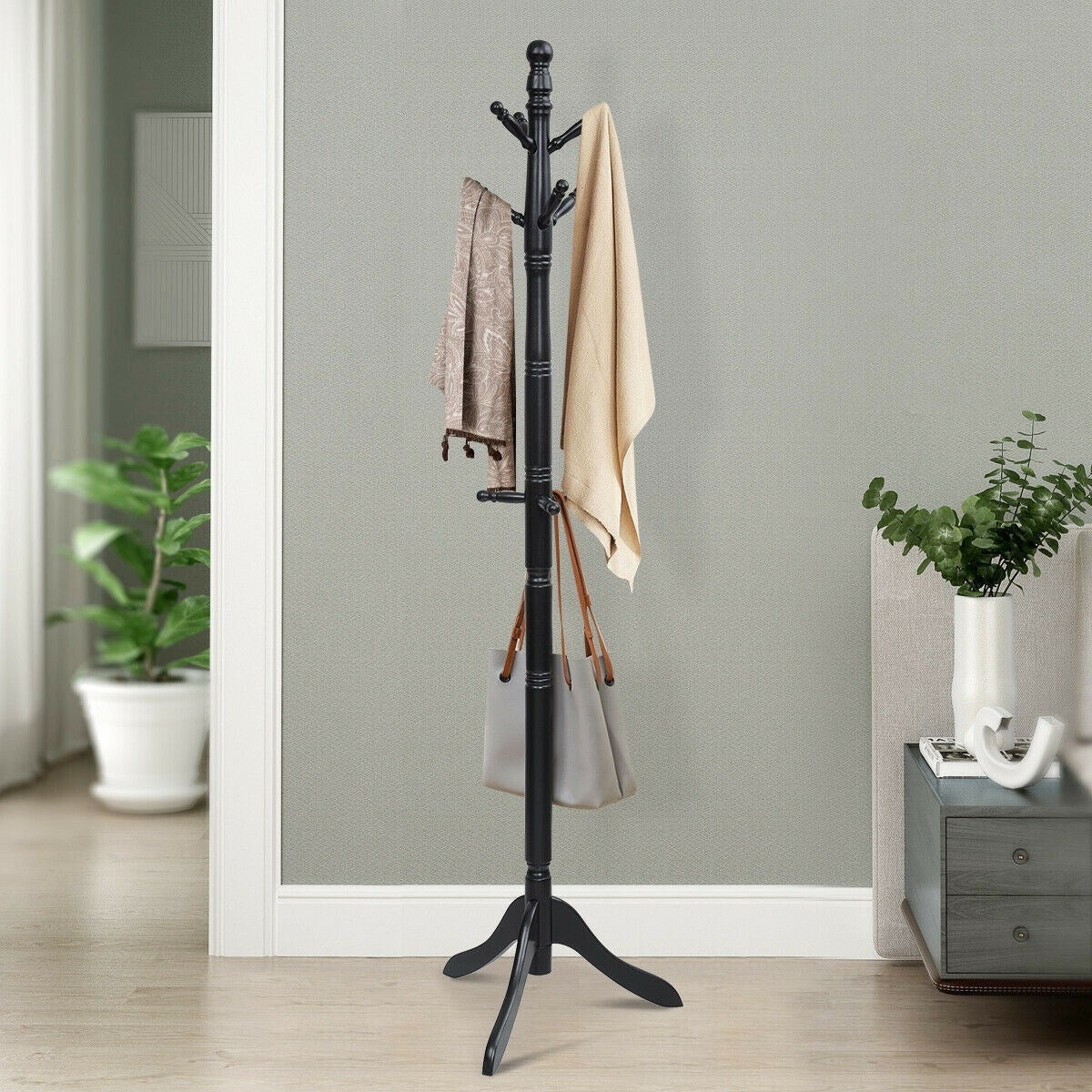 Entryway Adjustable Free Standing Wooden Coat Rack Brown