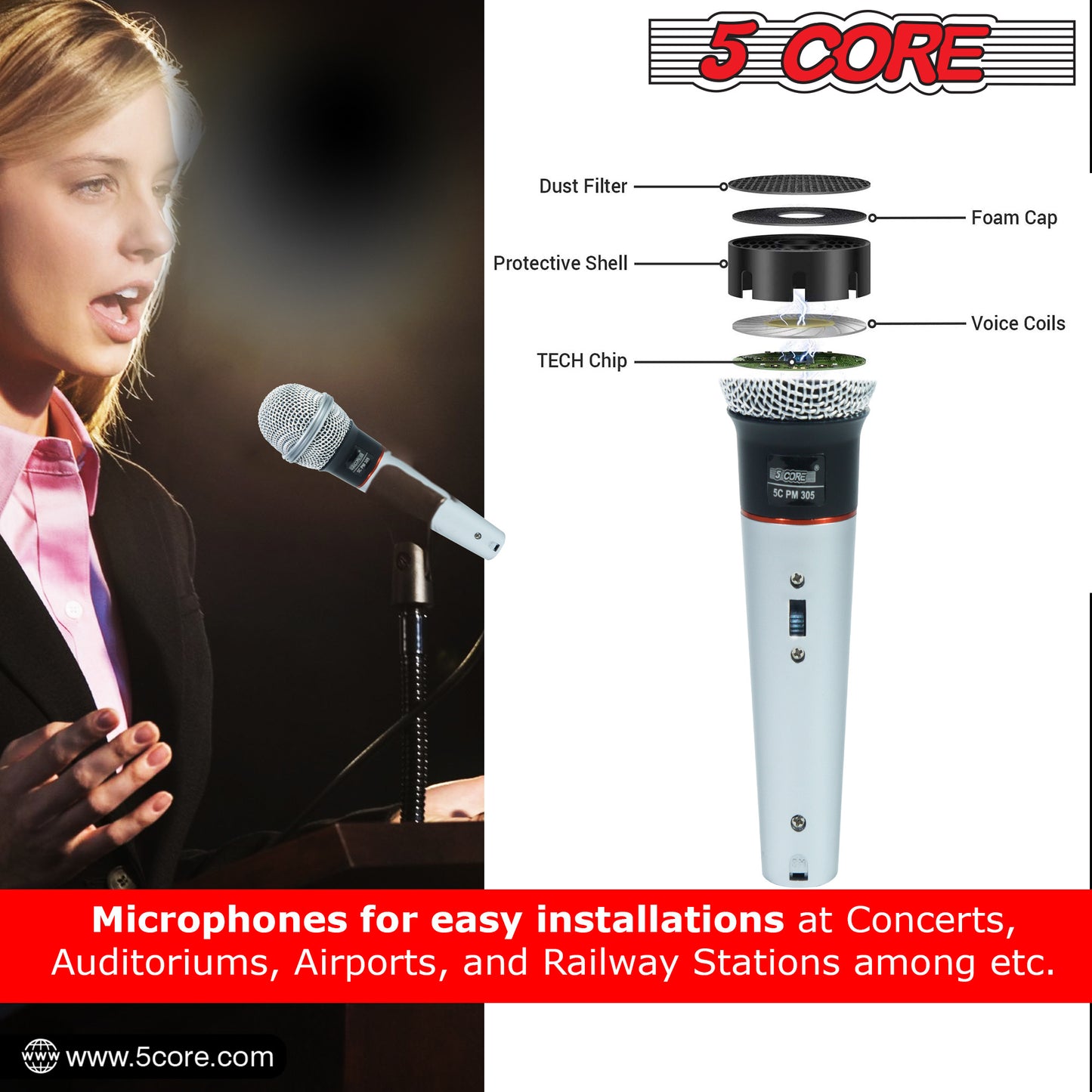 5 Core Microphone Wired Dynamic Vocal Handheld Mic Cardioid Karaoke Unidirectional Microfono w On and Off Switch Includes XLR Audio Cable for Singing, Public Speaking & Parties PM 305