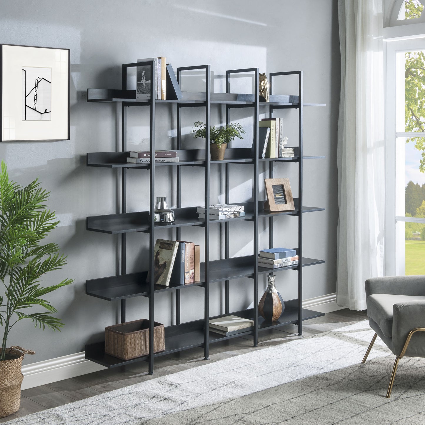 [VIDEO] 5 Tier Bookcase Home Office Open Bookshelf; Vintage Industrial Style Shelf with Metal Frame; MDF Board