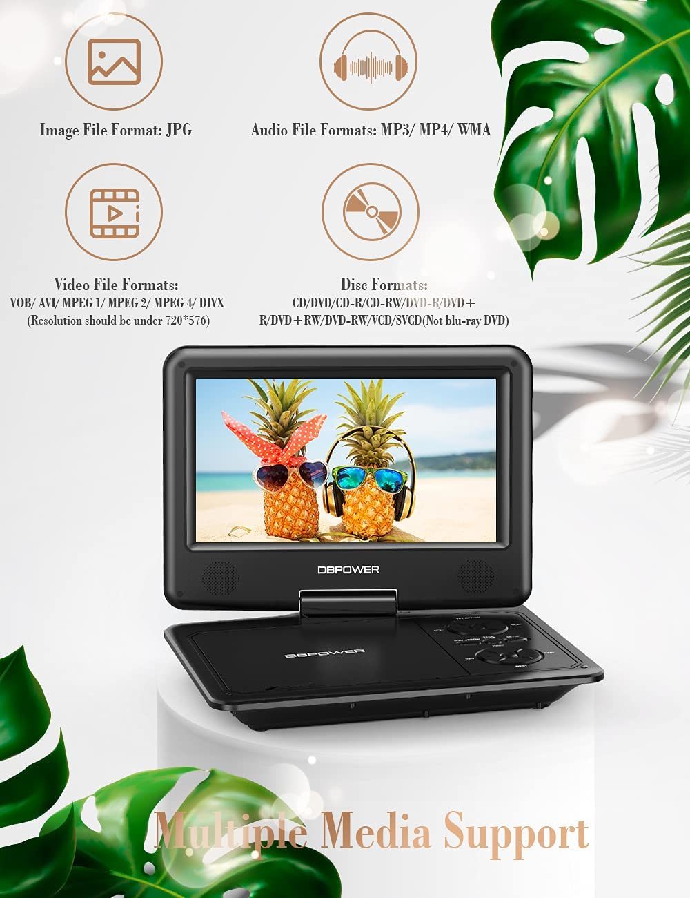 DBPOWER 11.5" Portable DVD Player, 5-Hour Built-in Rechargeable Battery, 9" Swivel Screen, Support CD/DVD/SD Card/USB, Remote Control, 1.8 Meter Car Charger, Power Adaptor and Car Headrest